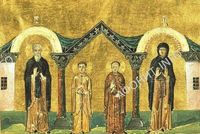 Преподобный Ксенофонт, супруга его Мария и сыновья их Аркадий и Иоанн. Миниатюра Минология Василия II. Константинополь, 985 г. Ватиканская библиотека. Рим